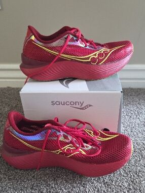 Saucony Endorphin Pro 3 red poppy running shoes with yellow logo